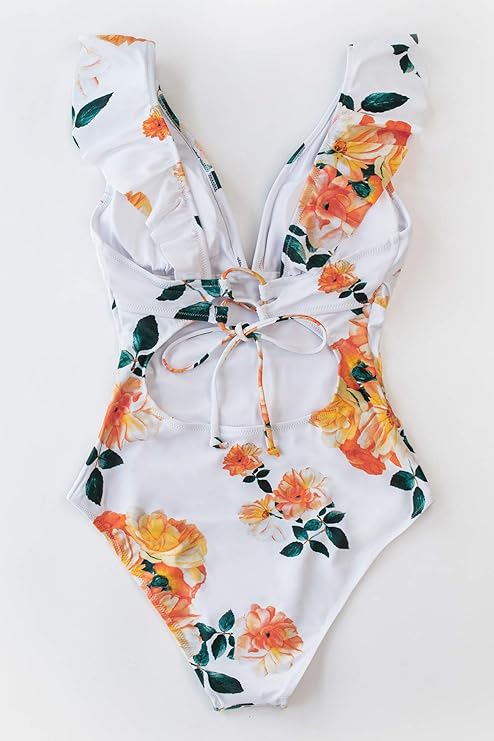 Pleasing Strings Women's Ruffled One Piece Swimsuit V Neck Lace Up