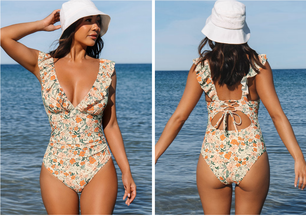 Pleasing Strings Women's Ruffled One Piece Swimsuit V Neck Lace Up