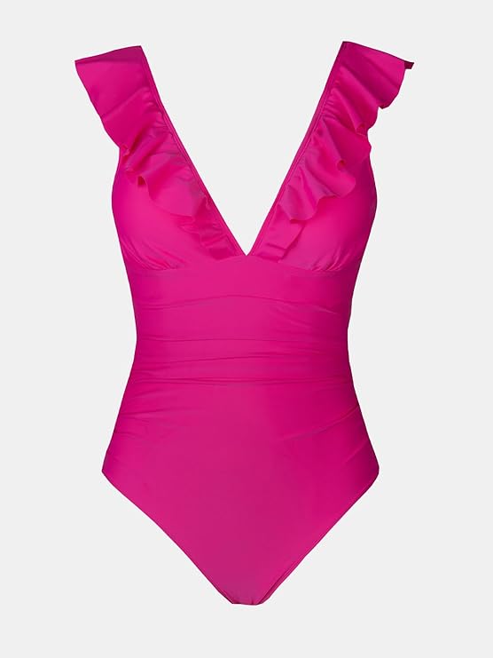 Pleasing Strings Women's Ruffled One Piece Swimsuit V Neck Lace Up