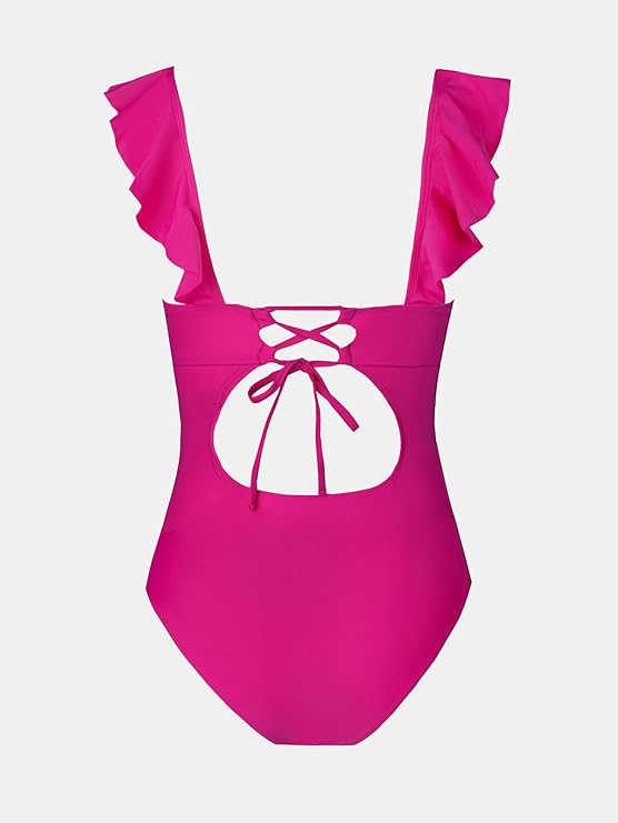 Pleasing Strings Women's Ruffled One Piece Swimsuit V Neck Lace Up