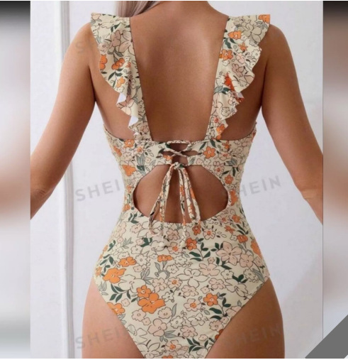 Pleasing Strings Women's Ruffled One Piece Swimsuit V Neck Lace Up