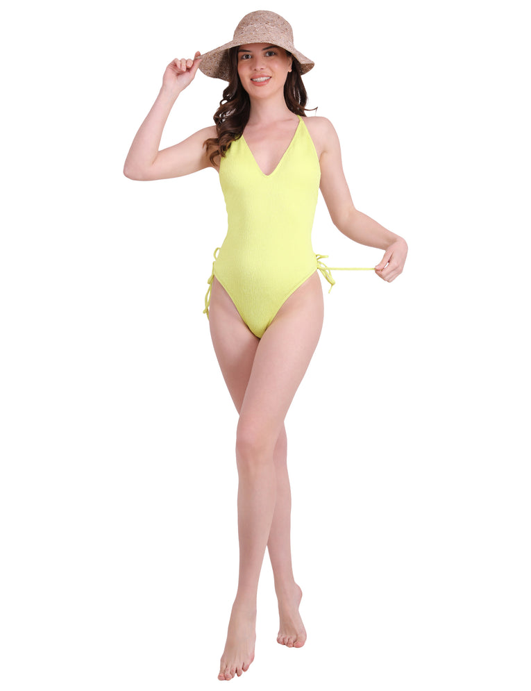 Pleasing Strings Women's Criss Cross Backless V Neck Tie Side High Cut Thong One Piece Swimsuit