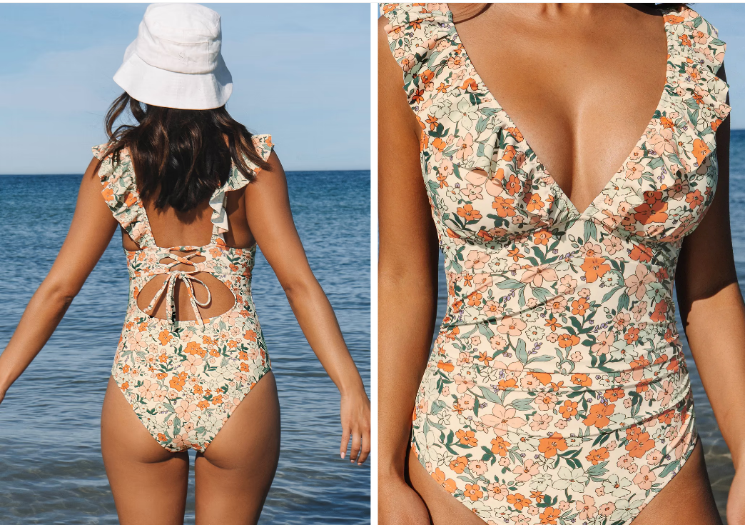Pleasing Strings Women's Ruffled One Piece Swimsuit V Neck Lace Up