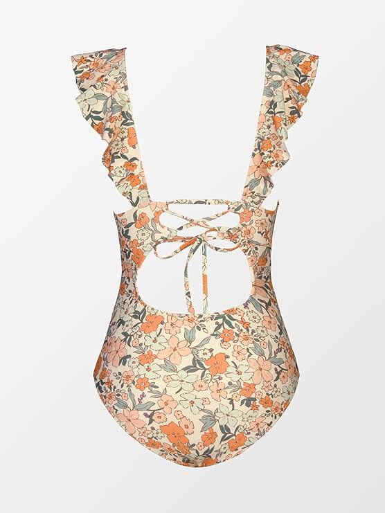 Pleasing Strings Women's Ruffled One Piece Swimsuit V Neck Lace Up