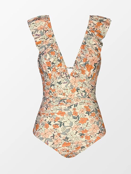 Pleasing Strings Women's Ruffled One Piece Swimsuit V Neck Lace Up