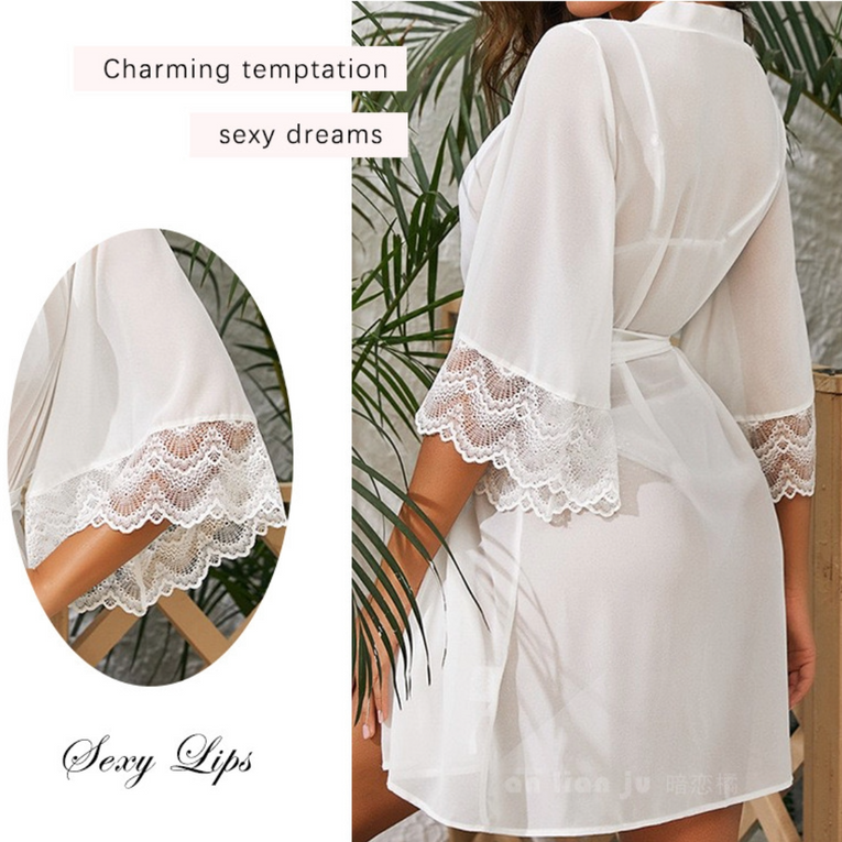 Pleasing Strings Lace Sheer 3/4 Sleeve Belted Robe