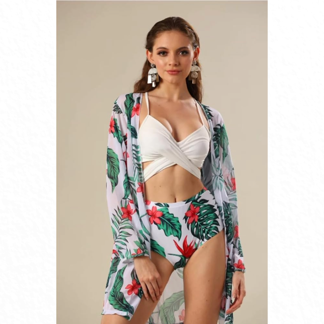 Pleasing Strings Women's 3Pcs Floral Print Bikini Cover Up Set