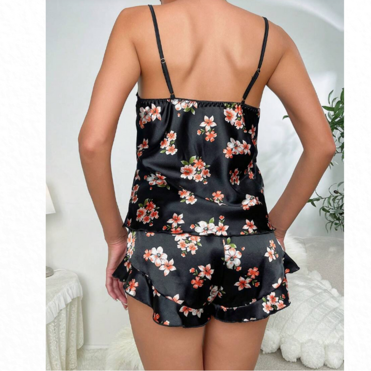 Pleasing Strings Women's Floral Print Satin Cami Top with Shorts Pj Set