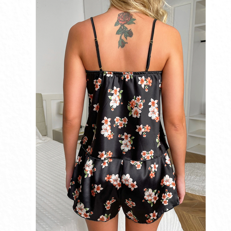 Pleasing Strings Women's Floral Print Satin Cami Top with Shorts Pj Set
