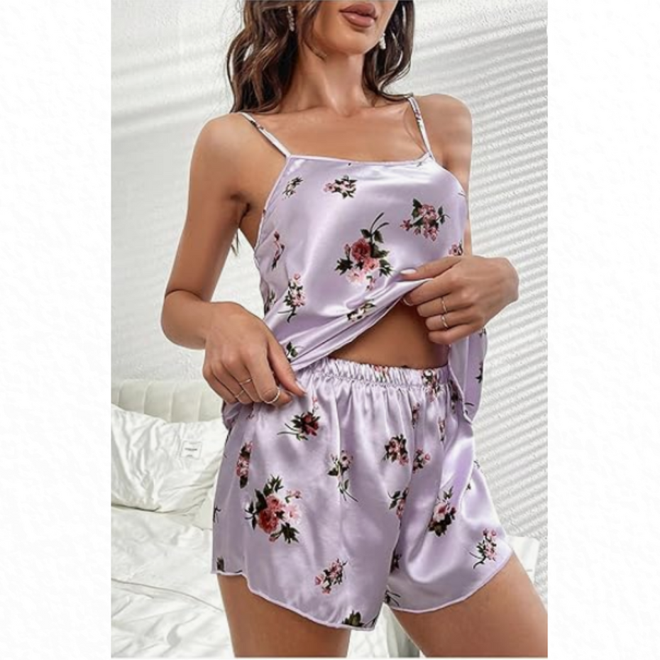 Pleasing Strings Women's Floral Print Satin Cami Top with Shorts Pj Set