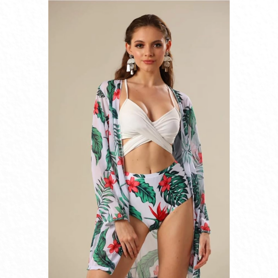 Pleasing Strings Women's 3Pcs Floral Print Bikini Cover Up Set