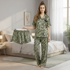 Pleasing Strings Women's 3pcs Green Silk Satin Tiger Print PJ Set