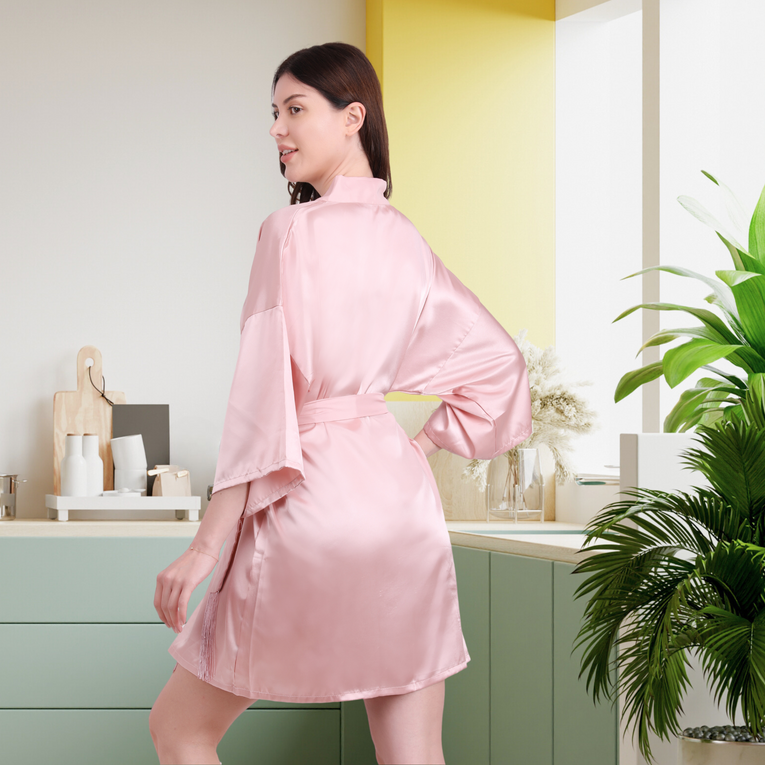 Pleasing Strings Women Satin Short Robe with Full Sleeves & Tassel Tie