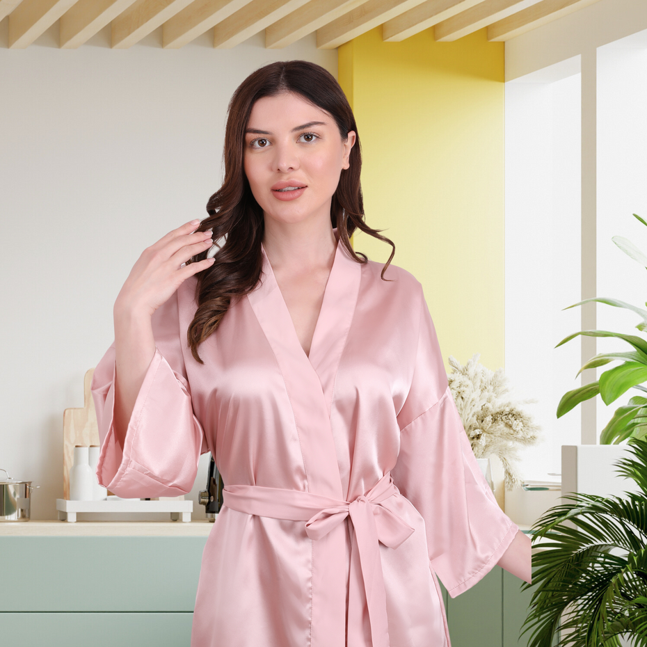 Pleasing Strings Women Satin Short Robe with Full Sleeves & Tassel Tie