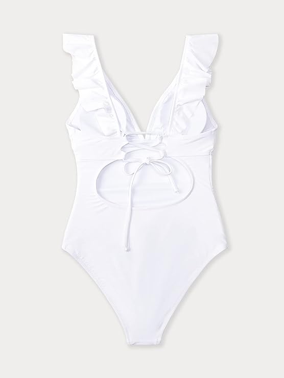 Pleasing Strings Women's Ruffled One Piece Swimsuit V Neck Lace Up