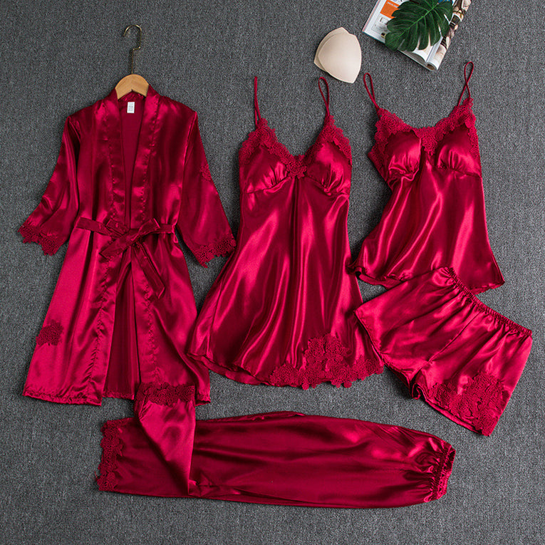 Pleasing Strings Women Cami Short Pyjamas with Robe 5 Pc Set