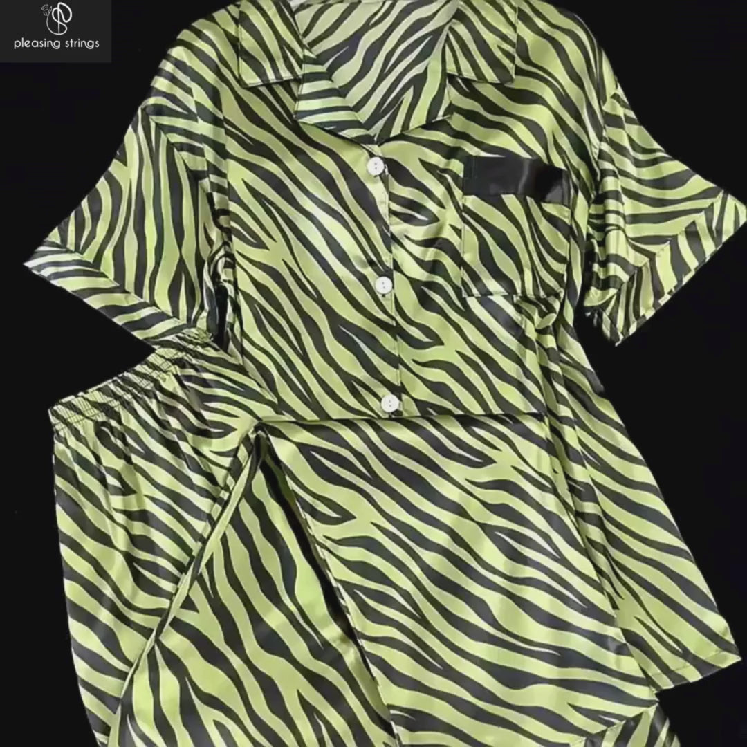 Pleasing Strings Women's 3pcs Green Silk Satin Tiger Print PJ Set