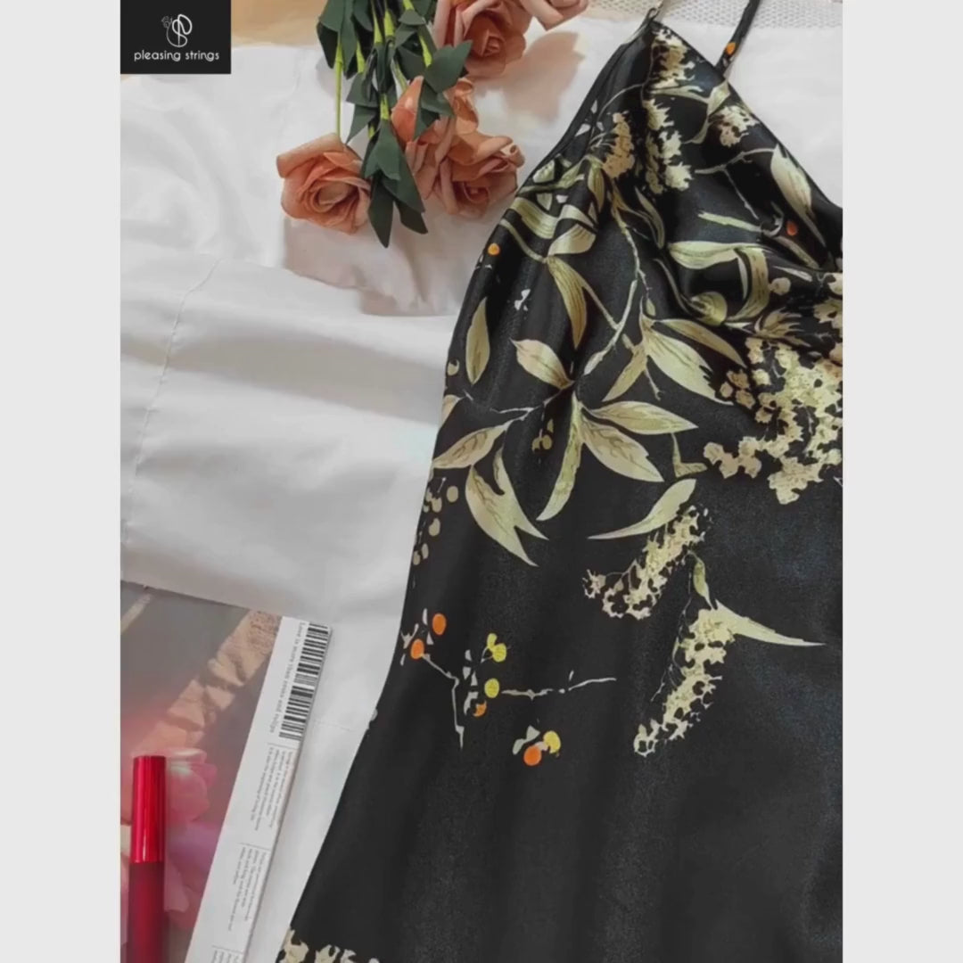 Pleasing Strings Women Satin Floral Printed 3pcs Cami Top Shorts & Gown Set