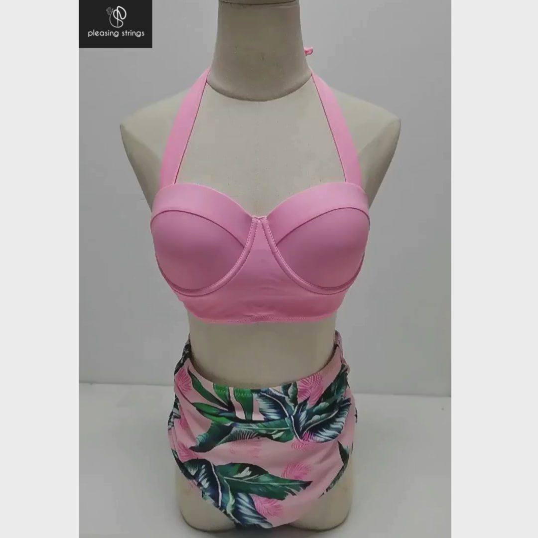 Pleasing Strings Women 2pcs Vintage Swimsuit Halter Neck with Ruched High Waist Bottom