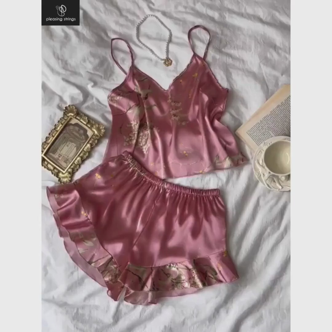 Pleasing Strings Women Satin Floral Printed 3pcs Cami Top Shorts & Gown Set