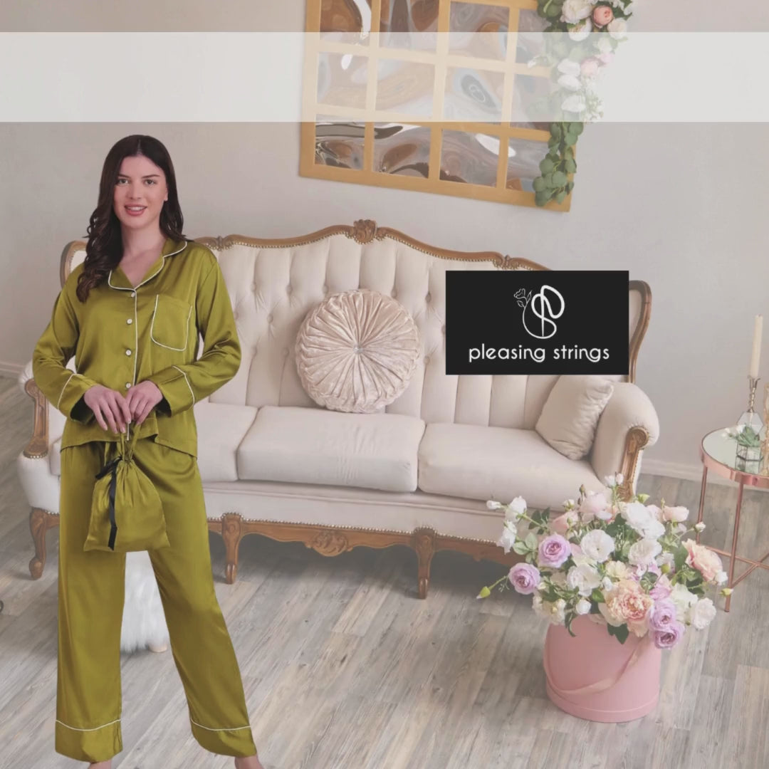 Pleasing Strings Women's Premium Silk Luxury Long Sleeves Pyjama Set