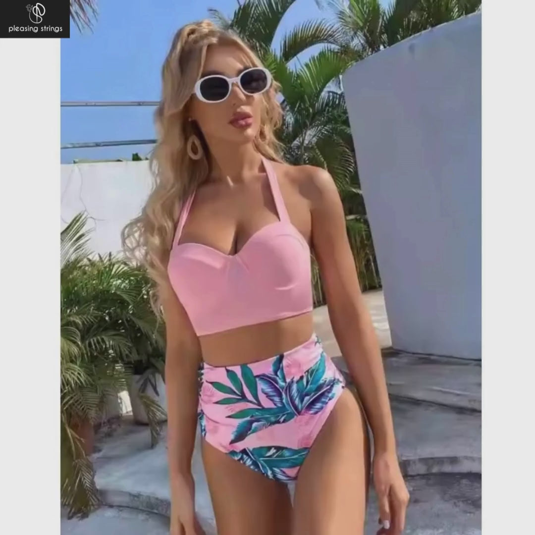 Pleasing Strings Women 2pcs Vintage Swimsuit Halter Neck with Ruched High Waist Bottom