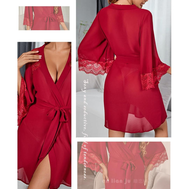 Pleasing Strings Lace Sheer 3/4 Sleeve Belted Robe